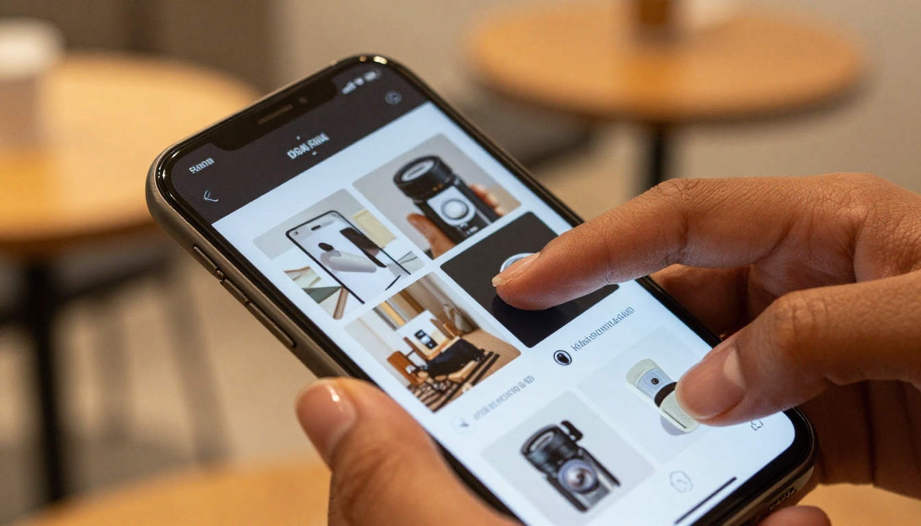 Smartphone showing a digital catalog page-flip animation in mid-turn