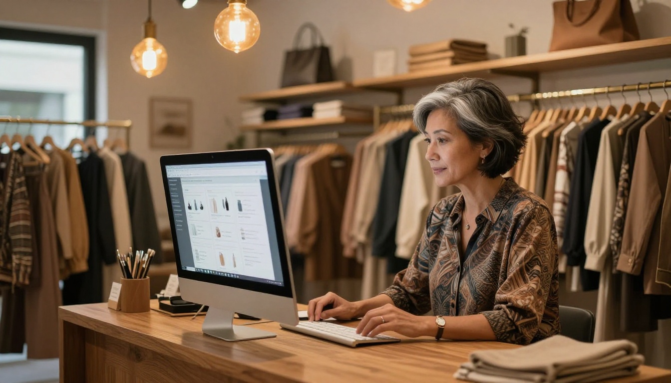 Boutique shop owner reviewing her digital catalog on an iMac in her store