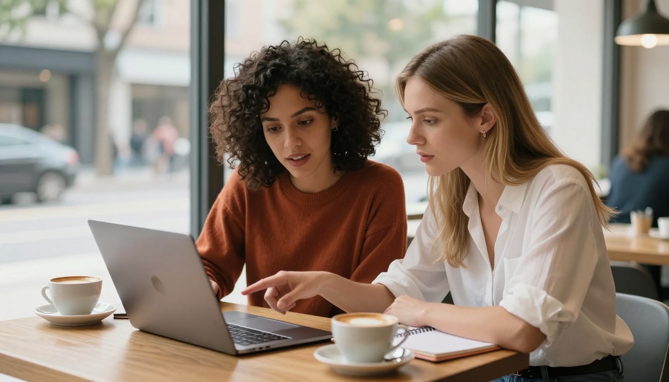 Two women collaborating on a digital catalog at a cafe