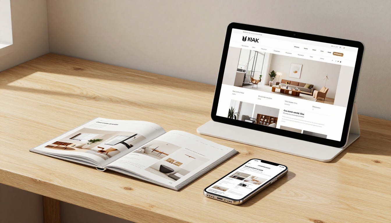 Digital catalog displayed across laptop, tablet, and smartphone on a walnut desk