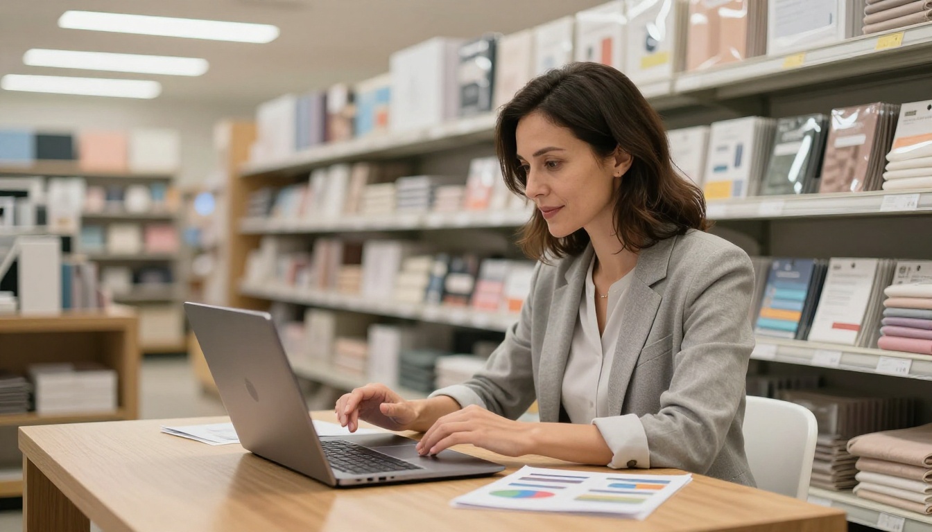 Retail store manager reviewing a digital product catalog on a laptop in a stockroom Retail store manager reviewing a digital product catalog on a laptop in a stockroom