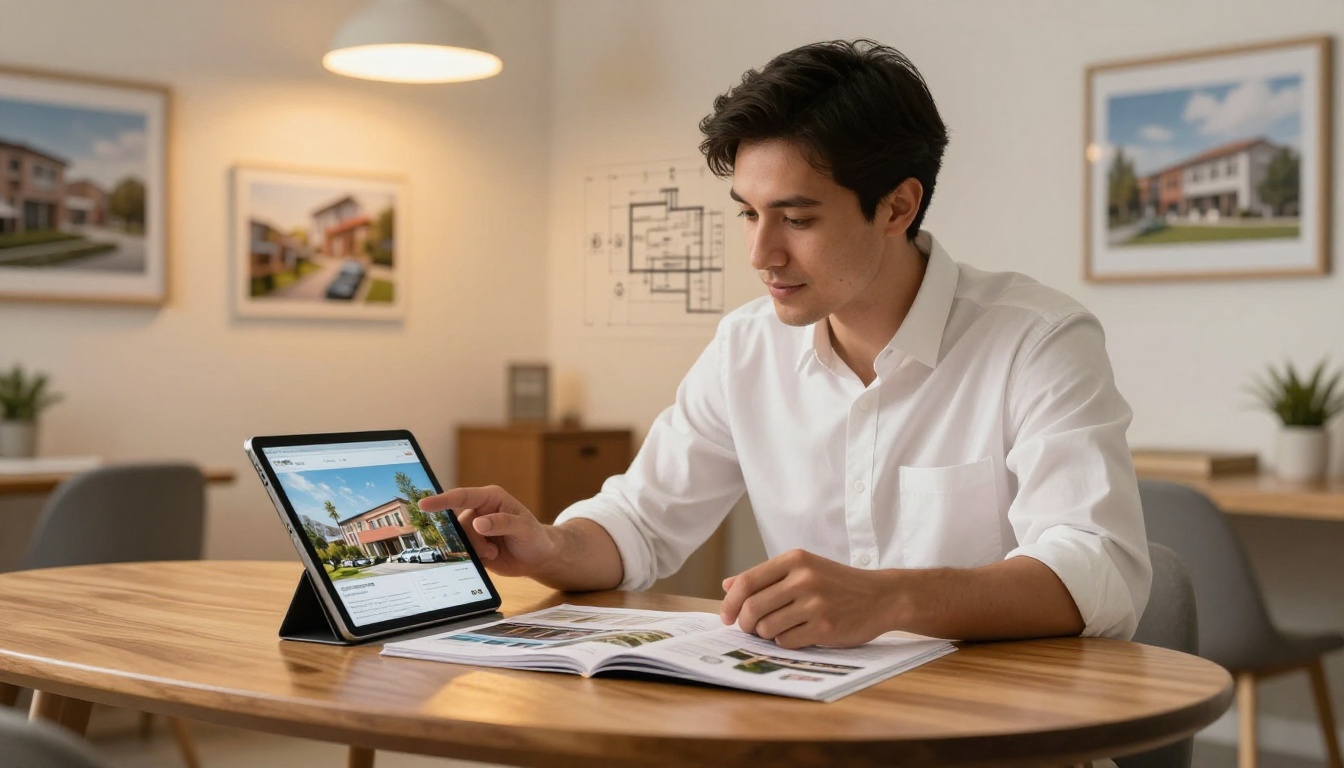 Real estate agent showing a digital property brochure on a tablet to a couple at a wooden table Real estate agent showing a digital property brochure on a tablet to a couple at a wooden table