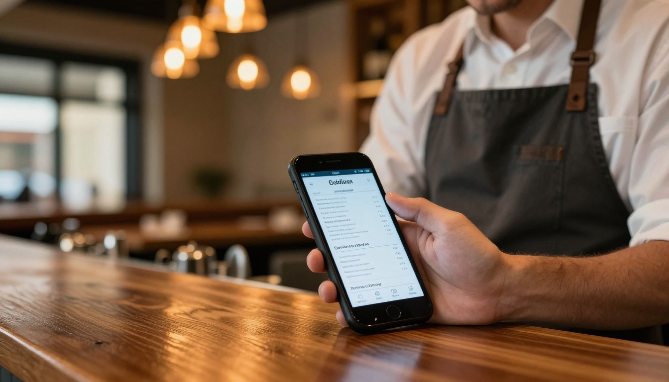 Restaurant owner reviewing a digital menu flipbook on a smartphone at the bar counter Restaurant owner reviewing a digital menu flipbook on a smartphone at the bar counter