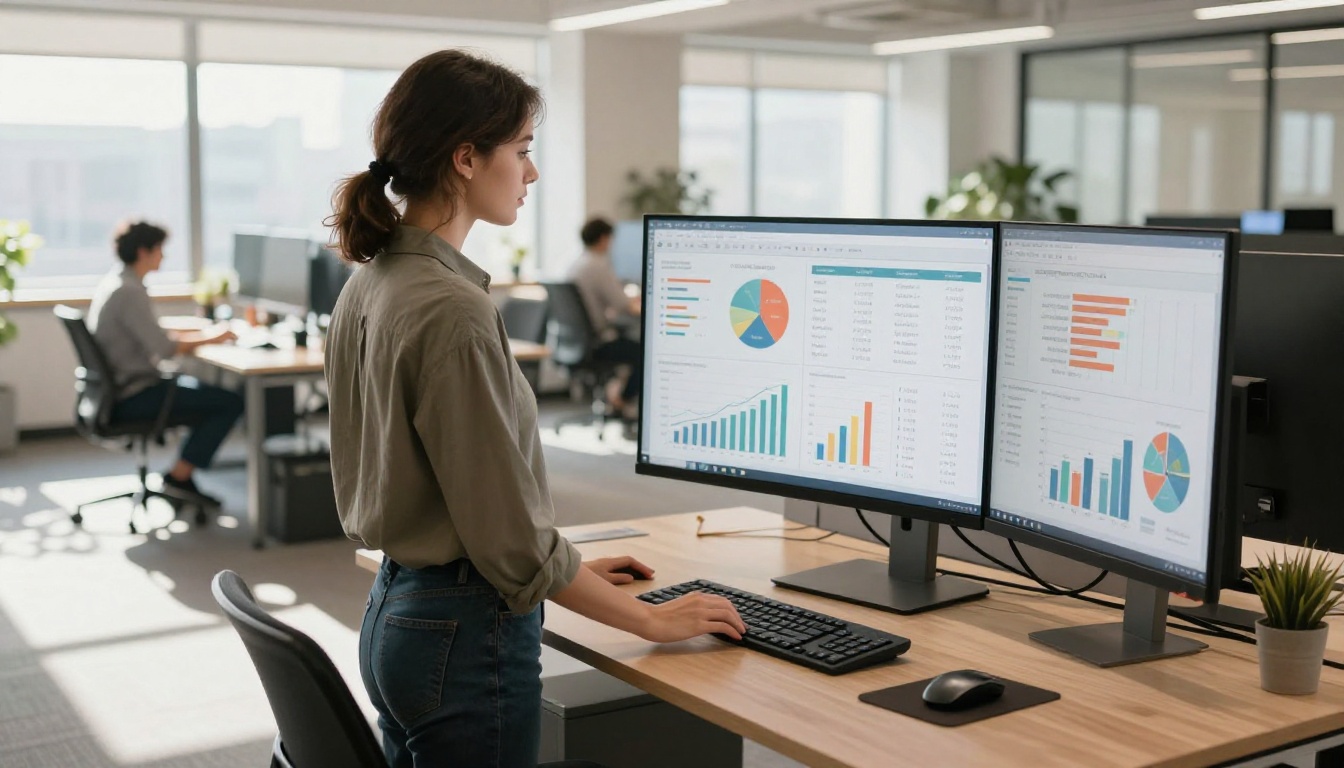 Marketing professional analyzing digital content metrics on a large monitor Marketing professional analyzing digital content metrics on a large monitor