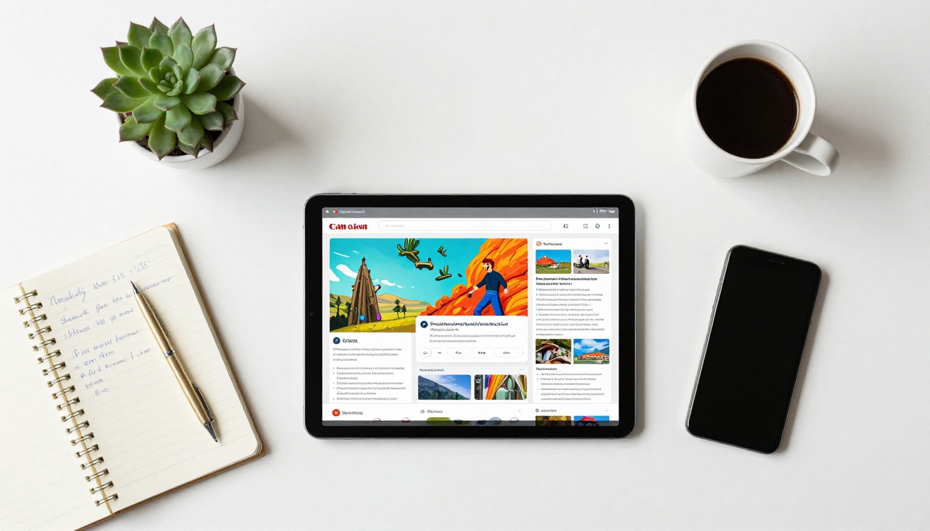 Aerial overhead flat-lay of an organized desk with a tablet showing a colorful flipbook Aerial overhead flat-lay of an organized desk with a tablet showing a colorful flipbook