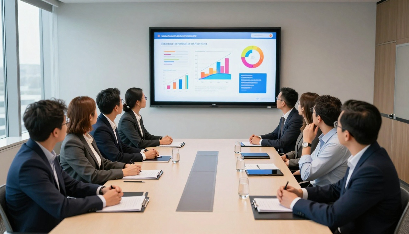 Corporate team gathered in a conference room reviewing an interactive annual report on screen Corporate team gathered in a conference room reviewing an interactive annual report on screen