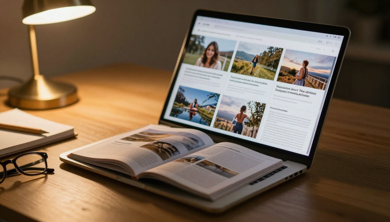 Close-up of a laptop screen showing a digital magazine flipbook with a page mid-turn animation Close-up of a laptop screen showing a digital magazine flipbook with a page mid-turn animation