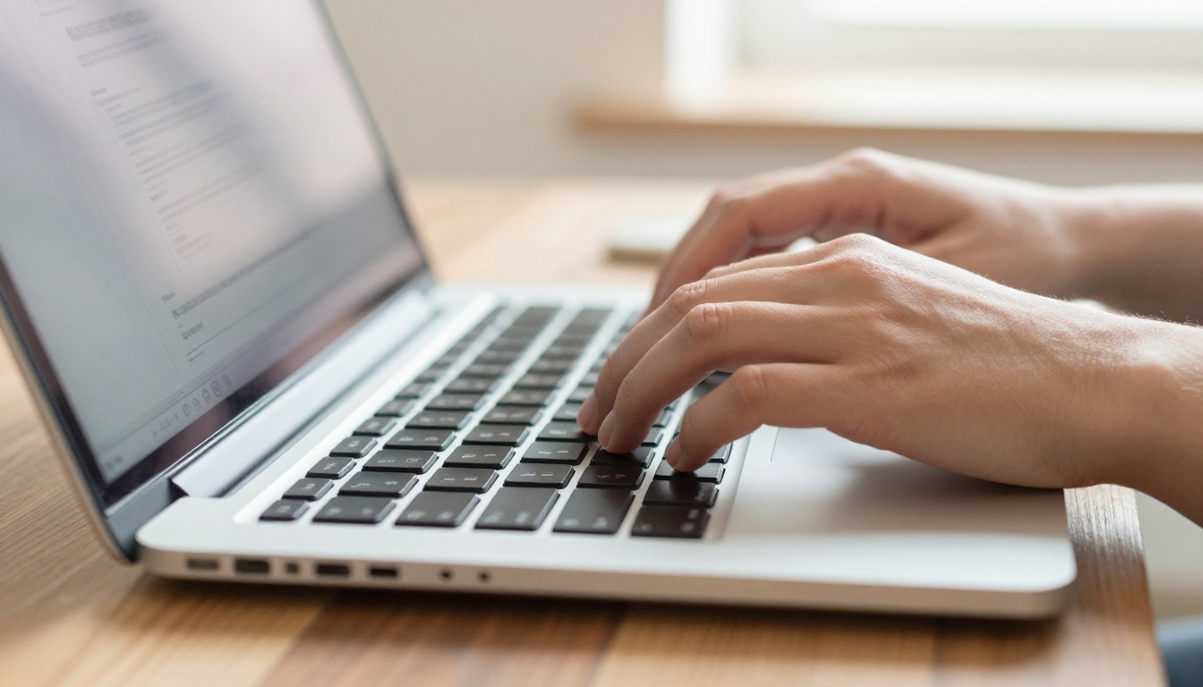 Hands typing on laptop creating digital flipbook content Hands typing on laptop creating digital flipbook content