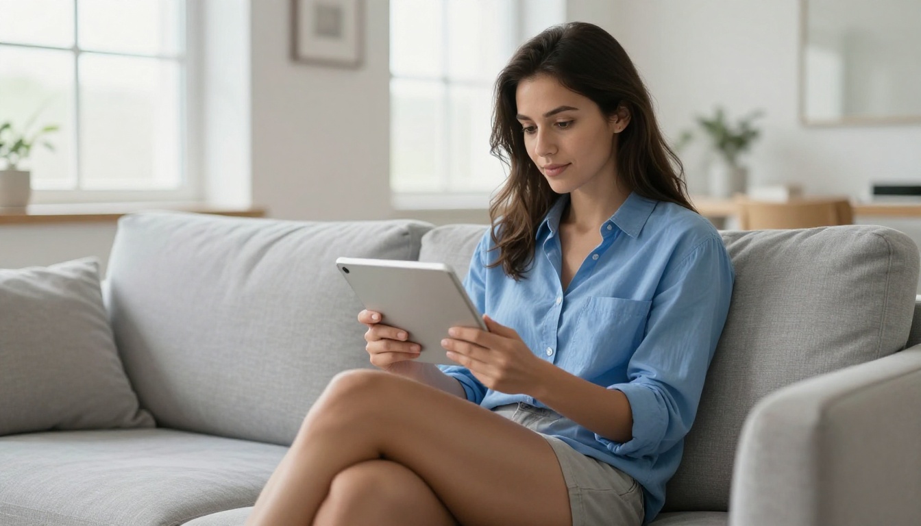 Young woman reviewing digital flipbook on tablet while relaxing on sofa Young woman reviewing digital flipbook on tablet while relaxing on sofa