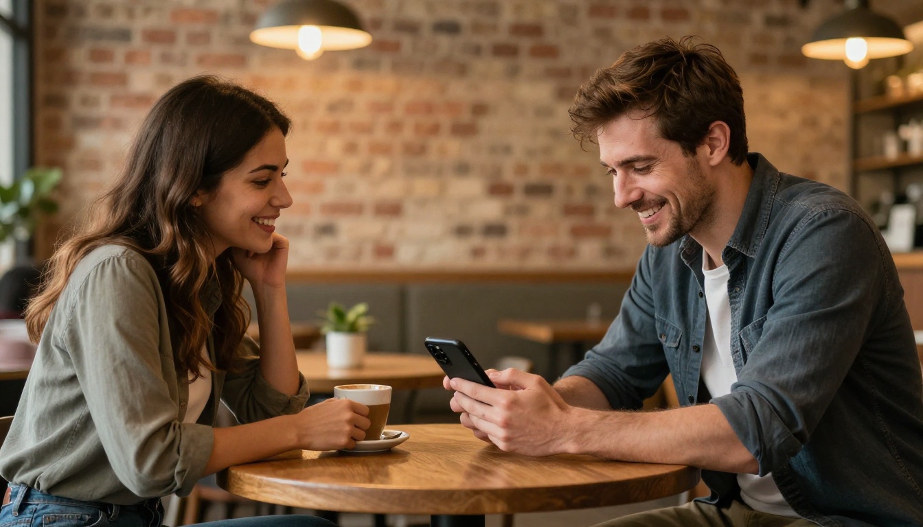 Man showing digital flipbook catalog on phone to woman at cafe table Man showing digital flipbook catalog on phone to woman at cafe table
