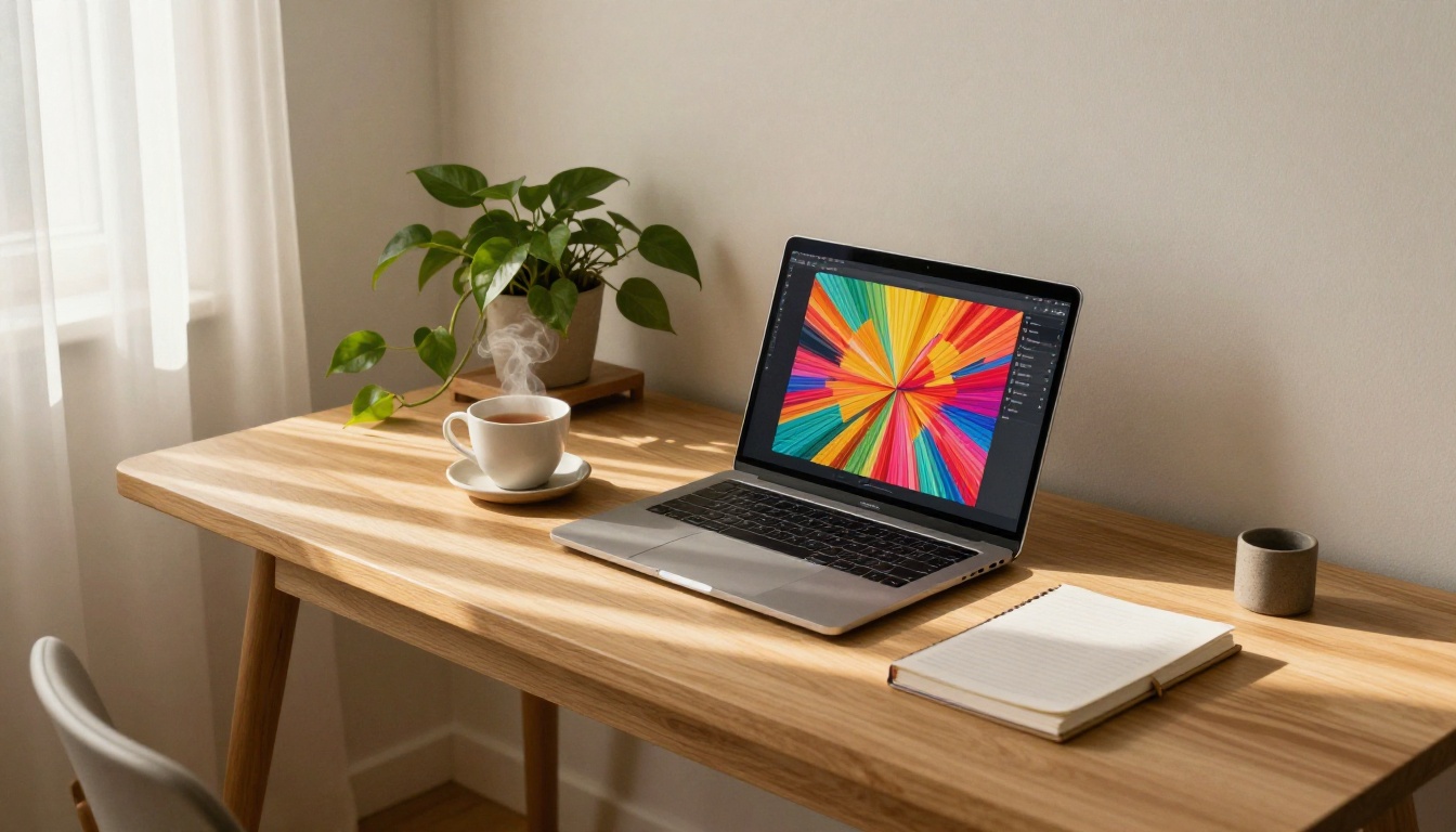 Wide morning home workspace with laptop showing vibrant flipbook spread Wide morning home workspace with laptop showing vibrant flipbook spread