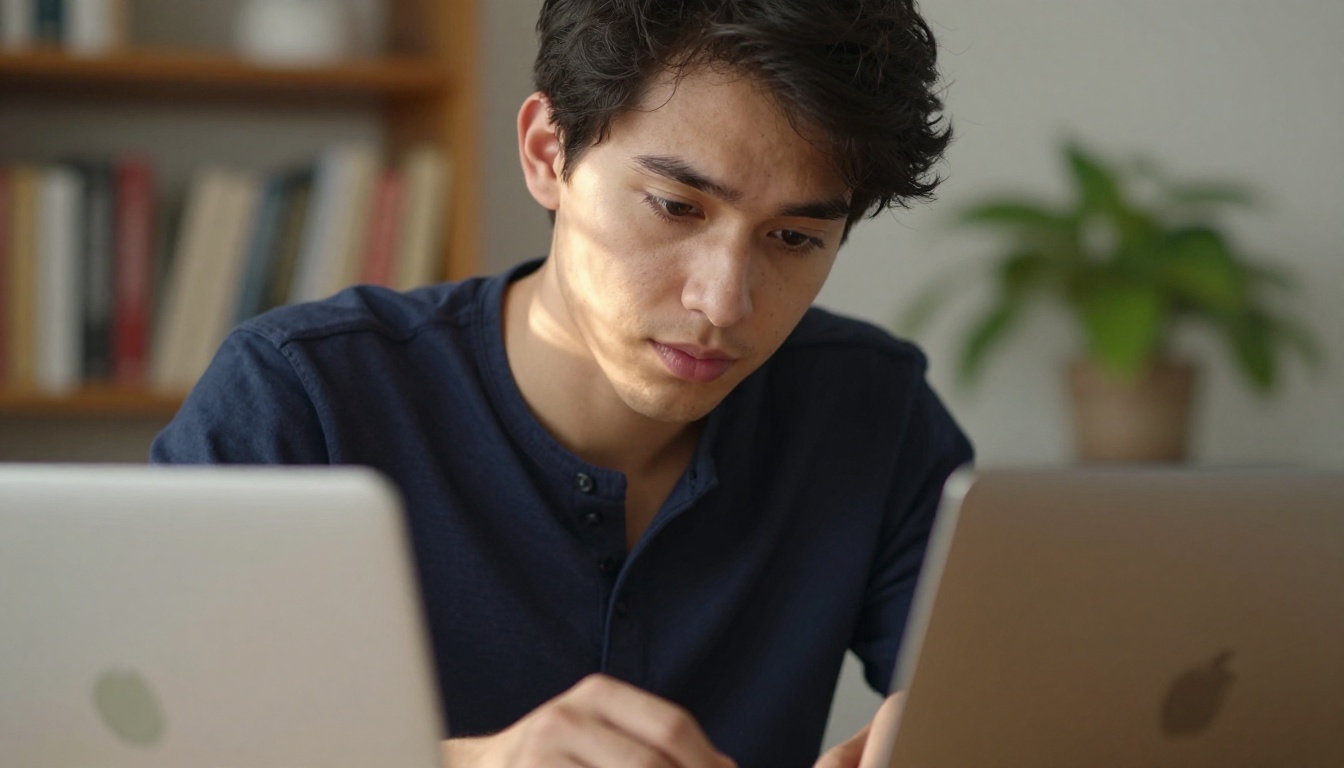 Close-up portrait of man focused on customizing a digital document on laptop Close-up portrait of man focused on customizing a digital document on laptop