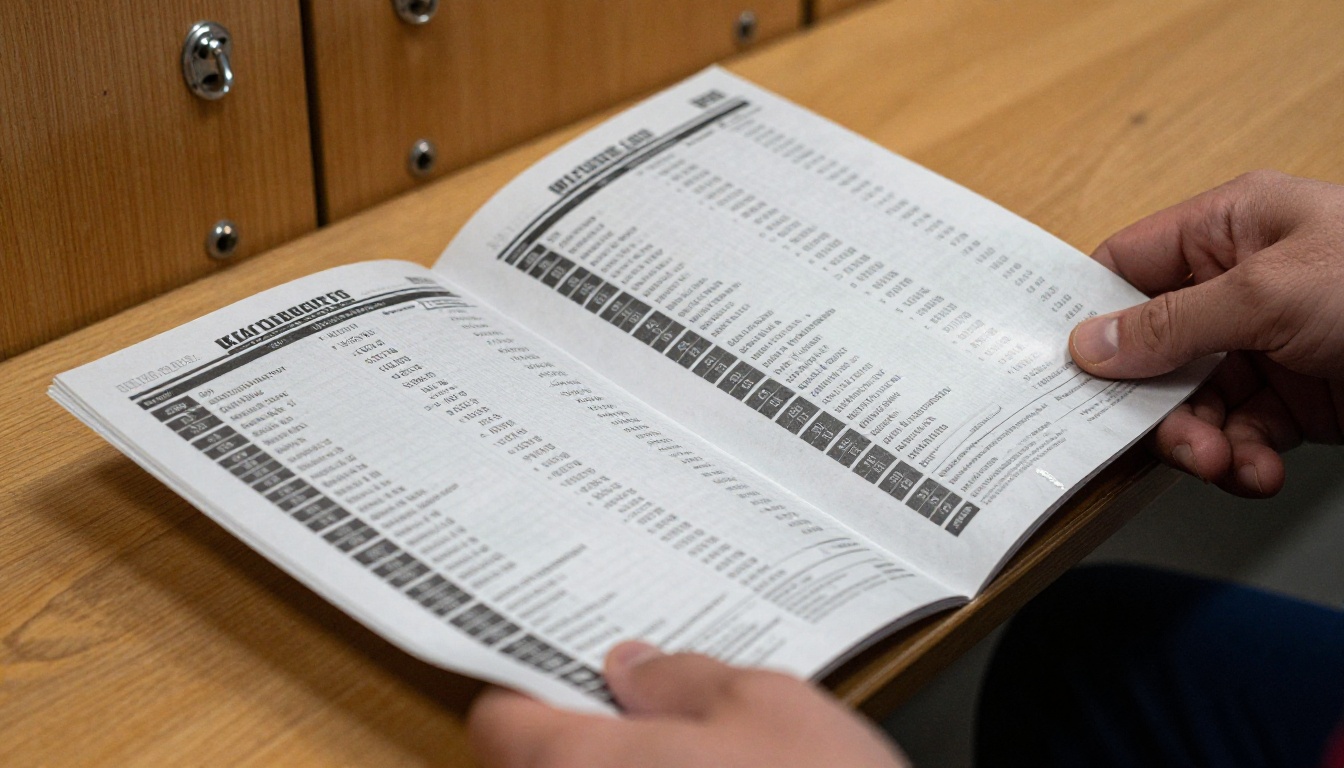 Hands flipping through a printed sports program booklet on a locker room bench