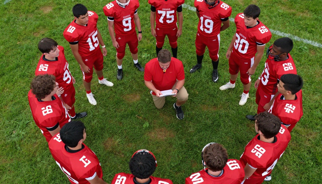 Aerial overhead view of a football team huddle on a grass field