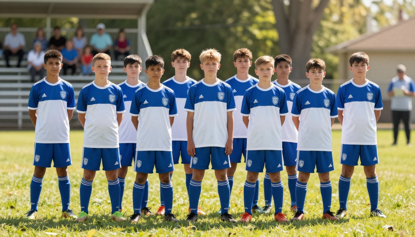 Youth soccer team standing in lineup on sunny grass field with coach and parents