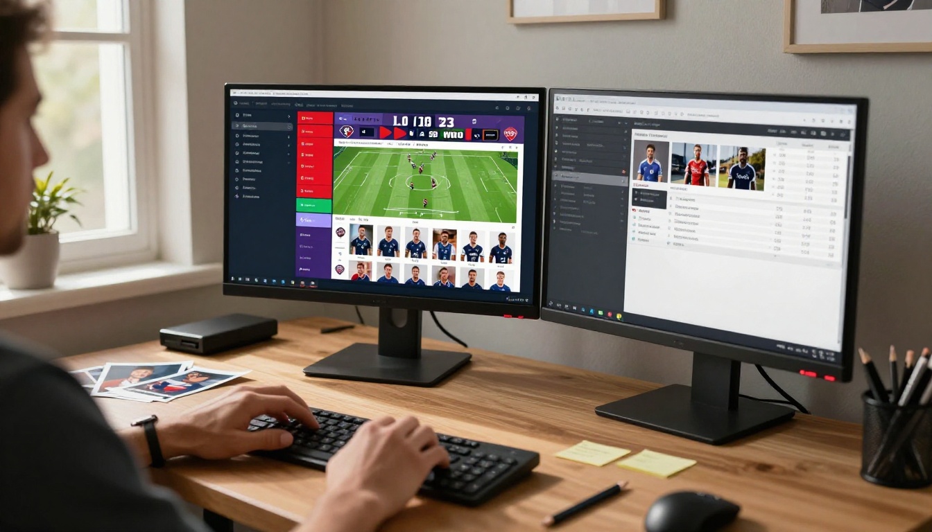 Sports program designer working at a dual-monitor desktop setup with team content on screen