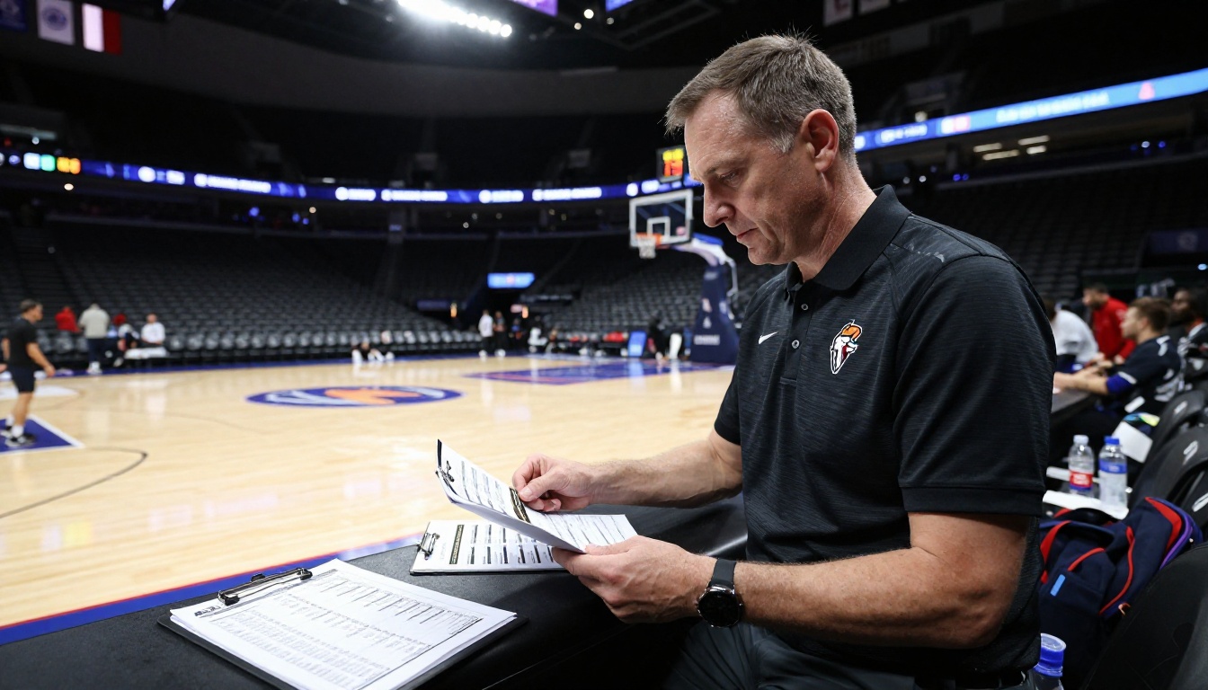 Basketball coach courtside reviewing a sports program in a professional indoor arena