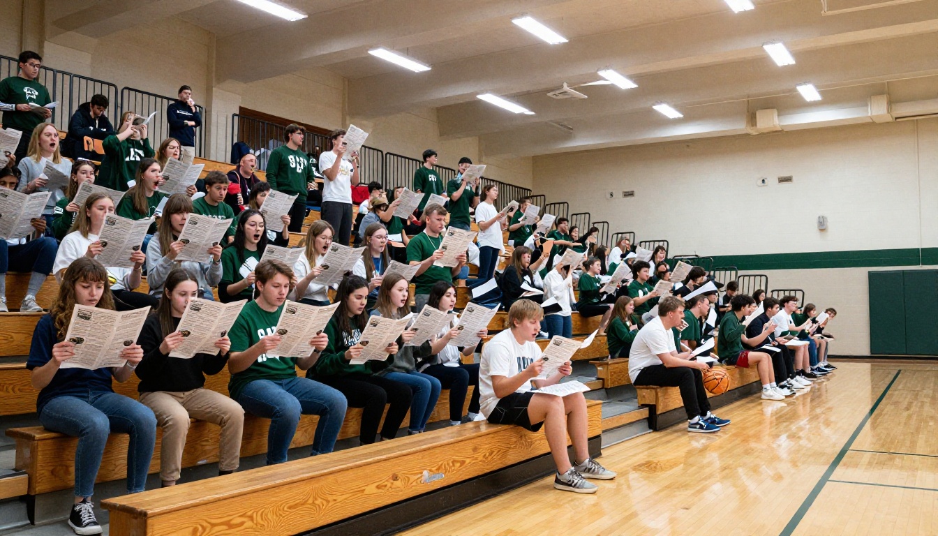 School gymnasium filled with fans in bleachers holding and reading sports programs