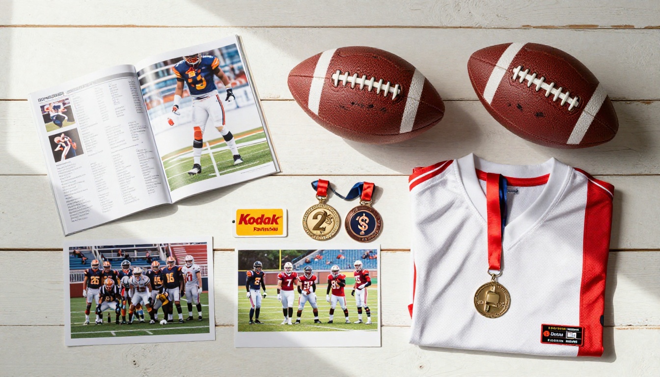 Flat lay overhead of sports memorabilia including open program booklet, jersey, medals, and football