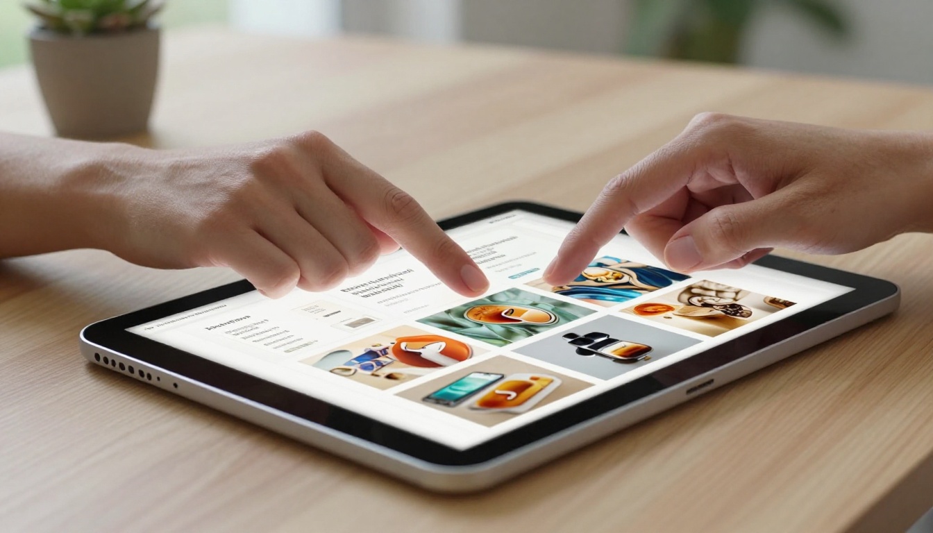 Close-up low-angle shot of hands scrolling through a vivid product catalog on an iPad Pro, natural daylight, Kodak Portra 400 grain, photorealistic