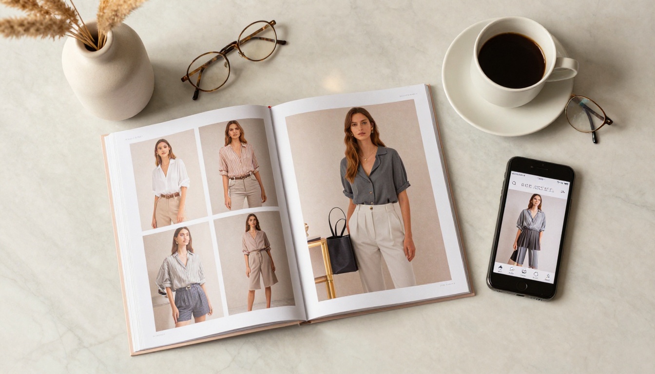 Aerial overhead flat-lay shot of a fashion lookbook catalog on a marble desk beside a smartphone showing the digital flipbook version, natural skylight illumination, Kodak Portra 400