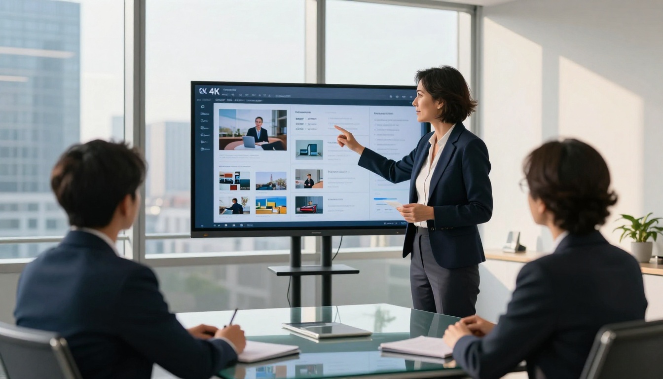 A confident businesswoman presenting a digital product catalog on a large wall-mounted monitor in a corporate conference room, natural afternoon light from city-view windows, Kodak Portra 400, 8K photorealistic