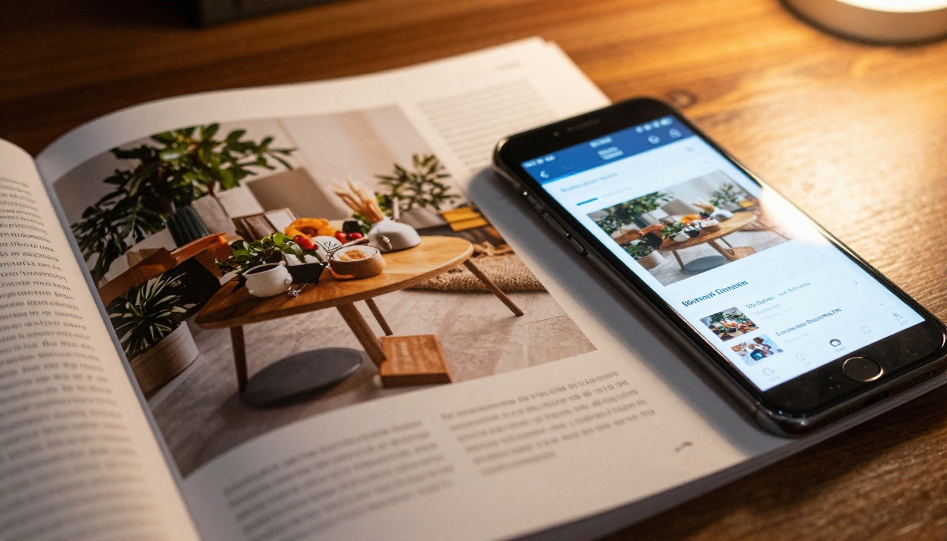 Close-up of a traditional printed product catalog placed next to a smartphone showing the same catalog as a mobile-friendly digital flipbook, warm incandescent desk lamp light, Kodak Portra 400, 8K photorealistic