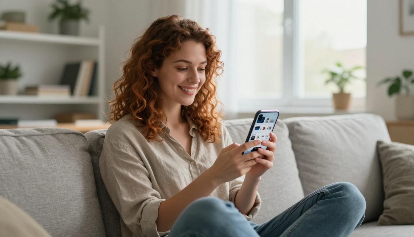 A young woman with curly auburn hair smiling while swiping through a digital catalog on her smartphone, bright Scandinavian living room, natural morning back-light, 50mm f/2.0, Kodak Portra 400, 8K