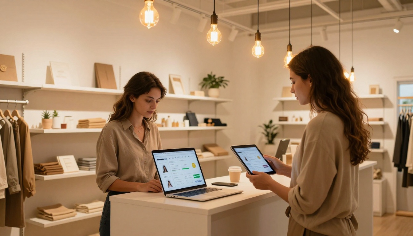 Wide shot of a modern retail boutique with two employees, one viewing digital catalog analytics on a laptop and another showing the catalog on an iPad to a customer, warm Edison bulb lighting, 24mm f/4, photorealistic 8K