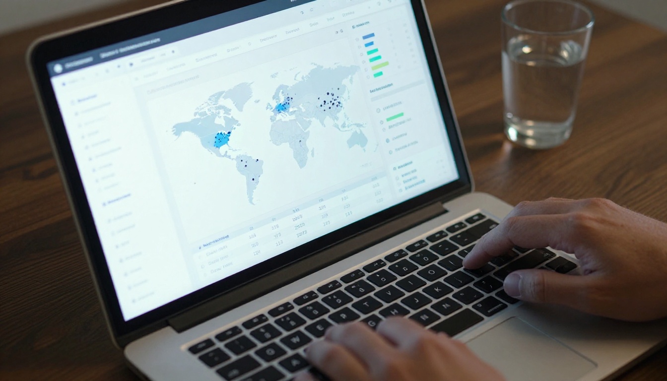 Close-up of a laptop screen showing a digital catalog analytics dashboard with rising page view bar charts and a world map with viewer location dots, dark walnut desk surface, screen glow illuminating hands, 85mm f/2.8, photorealistic 8K