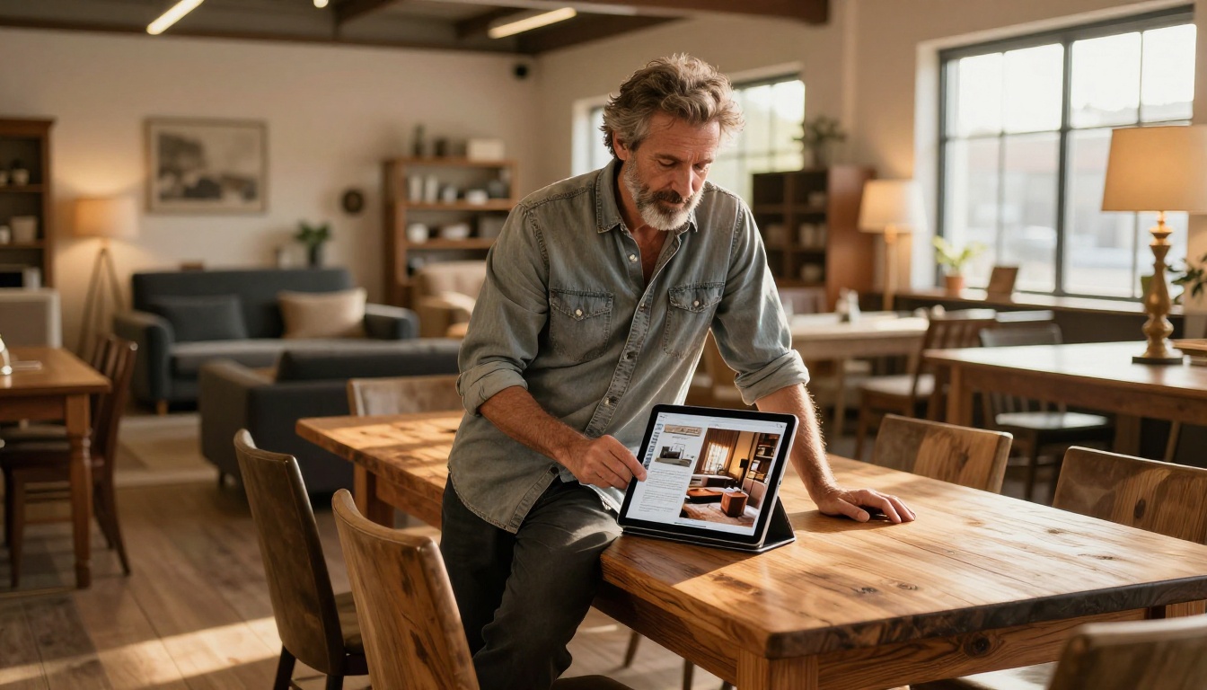 A middle-aged furniture store owner with a salt-and-pepper beard holding an iPad showing an elegant furniture catalog flipbook in his showroom, warm golden afternoon sidelight, 35mm f/2.5, Kodak Portra 400, 8K