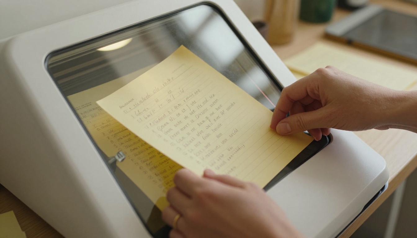Woman scanning handwritten recipe cards with a flatbed scanner in a bright home kitchen