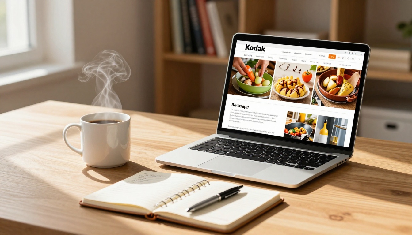 Laptop showing a cookbook PDF on screen beside a steaming coffee mug and open notebook on an oak desk
