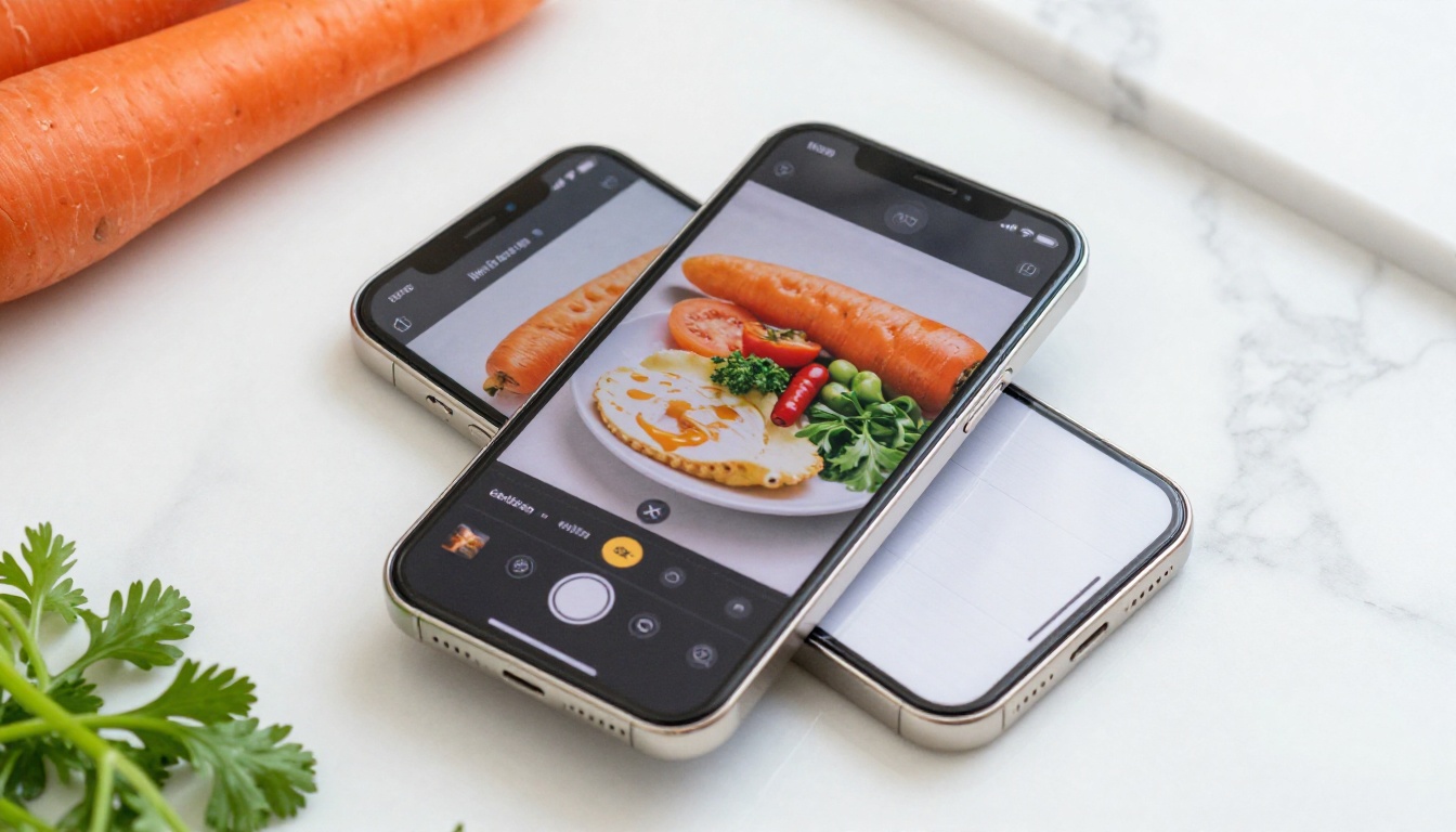 Smartphone displaying a recipe flipbook mid-page-turn on a white marble kitchen countertop with fresh vegetables nearby