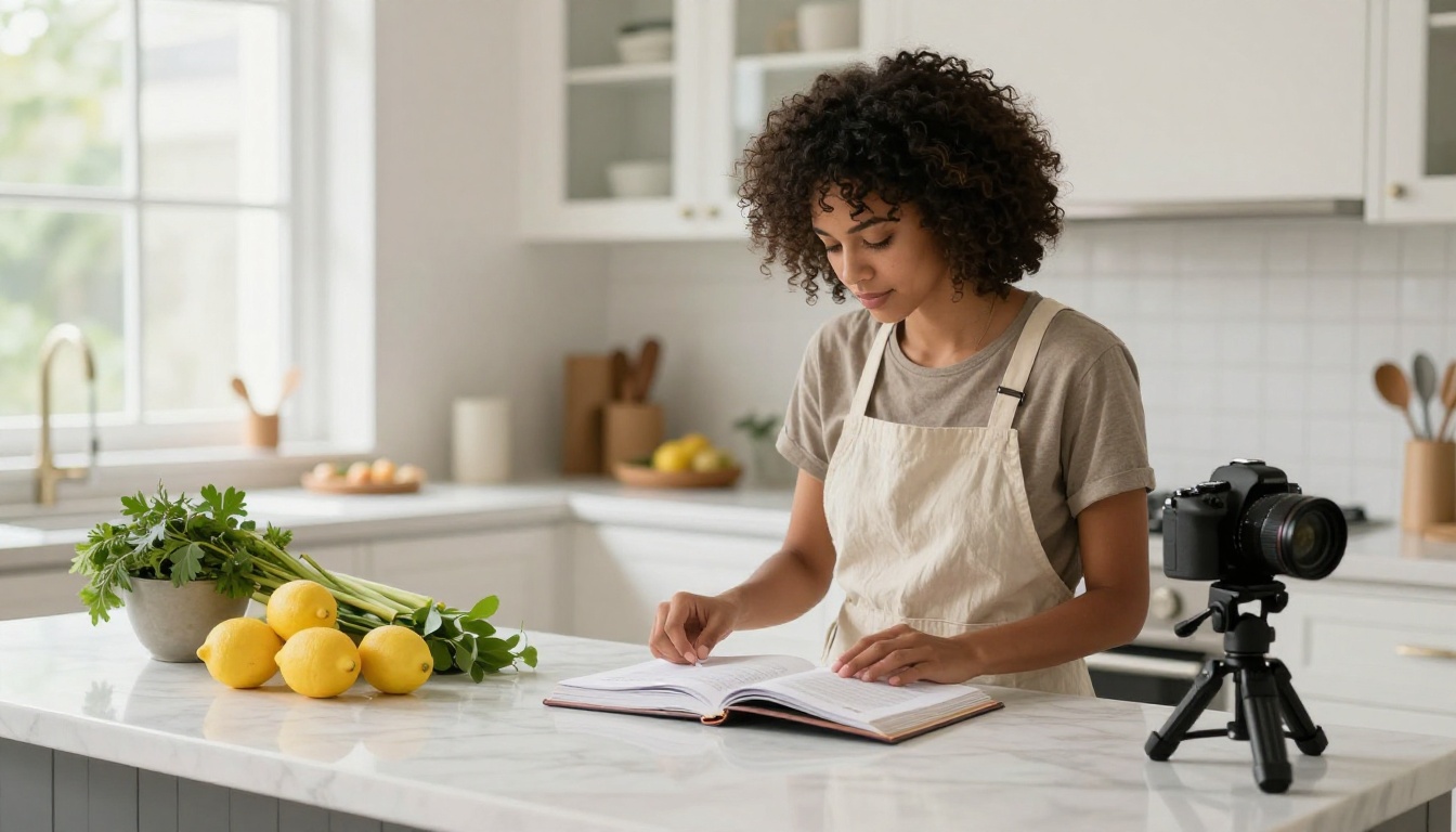 Food blogger photographing an open cookbook on a white marble kitchen island with a professional DSLR camera on a tripod