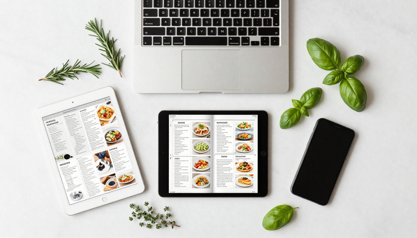 Flat-lay aerial view of a MacBook, iPad, and iPhone all showing the same digital cookbook flipbook, surrounded by fresh herbs on a white marble surface