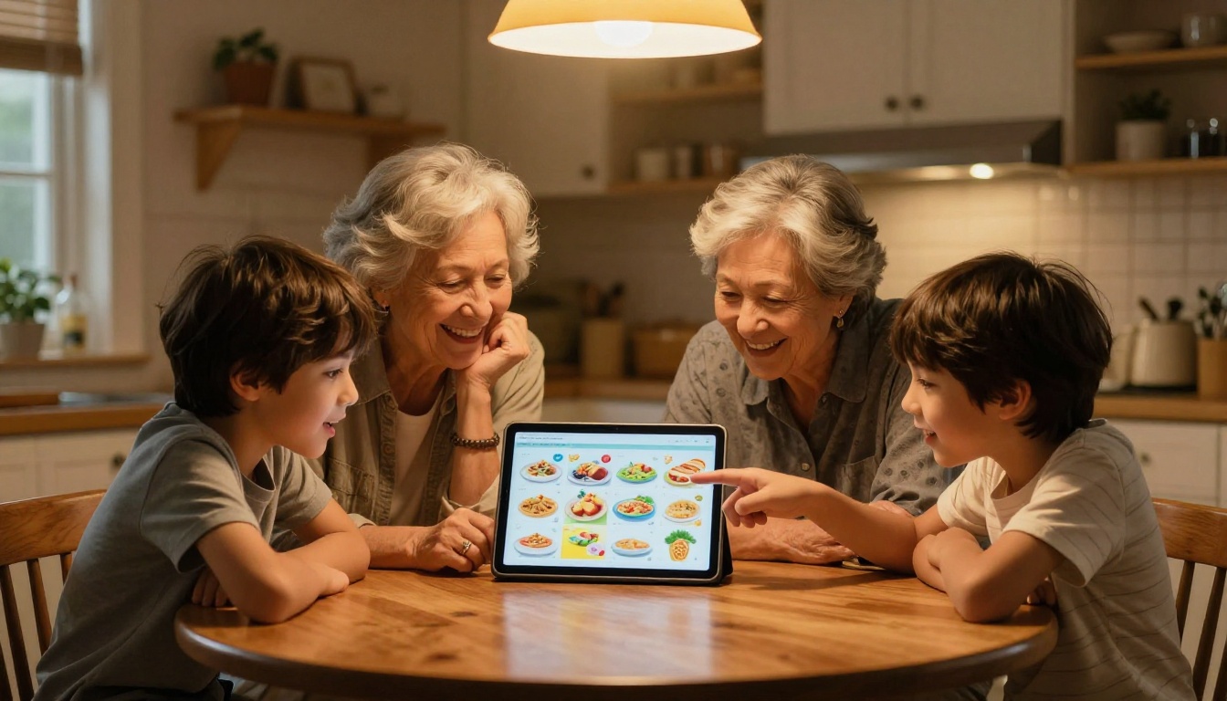 Warm family moment around a wooden kitchen table, looking at a digital recipe flipbook on a tablet with golden pendant light overhead