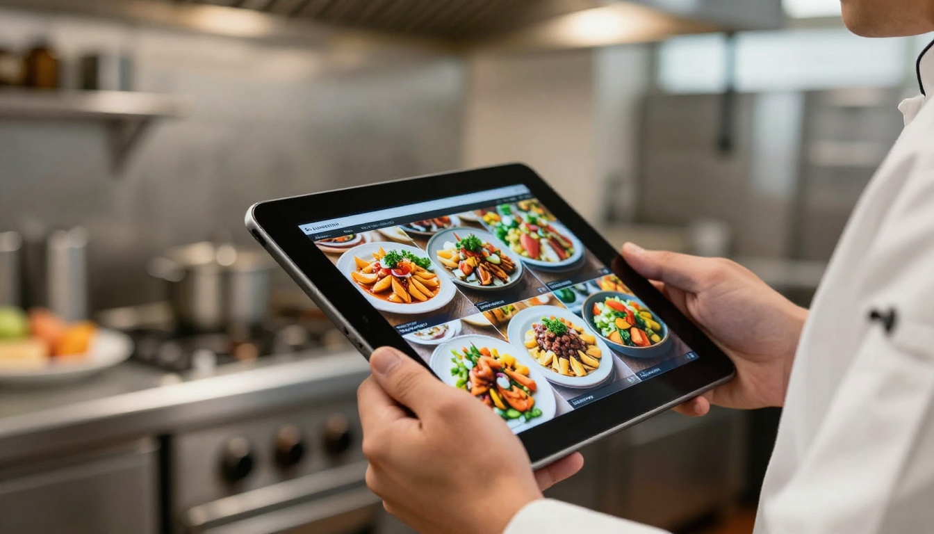 Professional chef in chef's whites holding a black tablet displaying a vibrant recipe flipbook in a stainless steel commercial kitchen