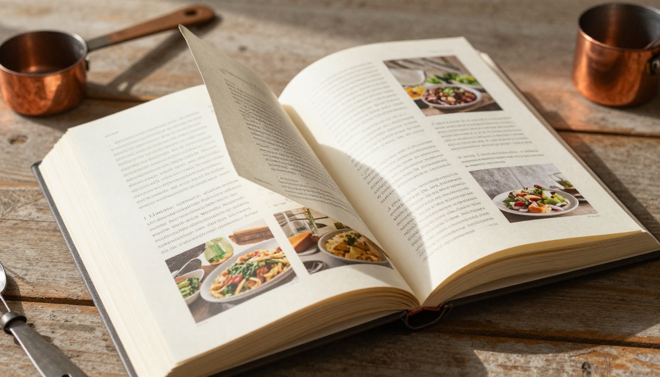 Open hardcover recipe book with pages fanned out in a natural page-turn curve, surrounded by wooden spoon and copper measuring cups on a rustic surface