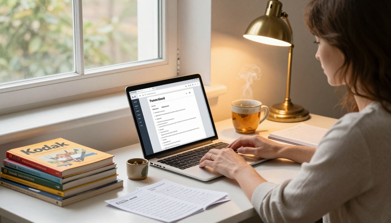 Woman at a cozy home office desk uploading cookbook files to a laptop, surrounded by stacked cookbooks, recipe cards, and a steaming mug of tea