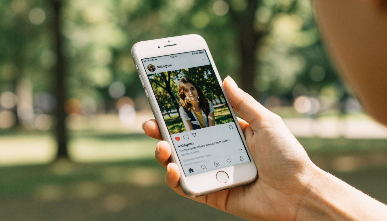Woman holding smartphone showing Instagram bio page in sunny park