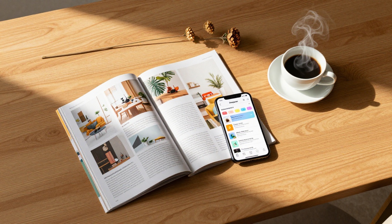 Aerial flat lay of wooden desk with open magazine and Instagram Stories interface on smartphone