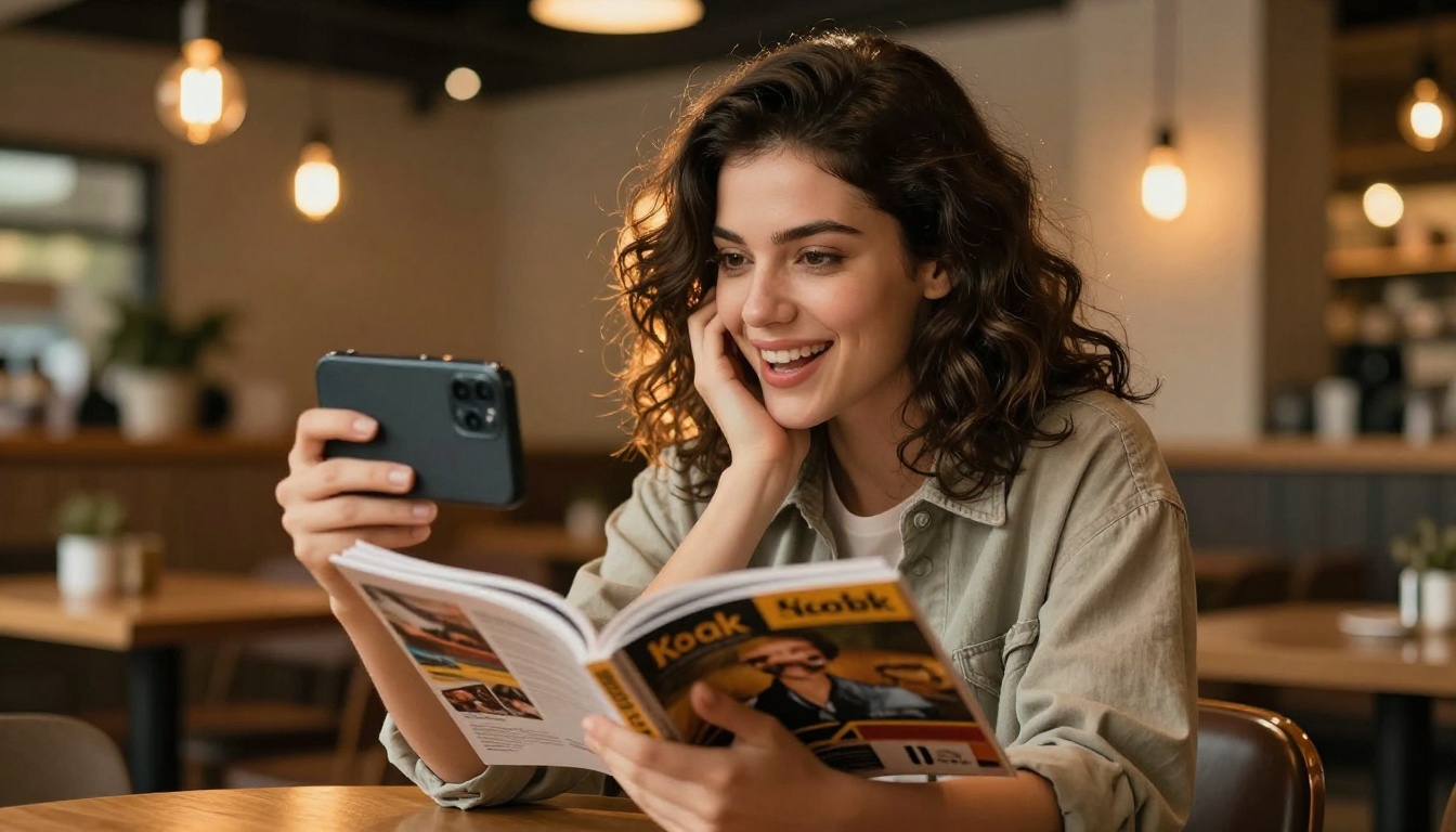 Stylish woman in cafe recording herself flipping through a glossy magazine for Instagram Reels