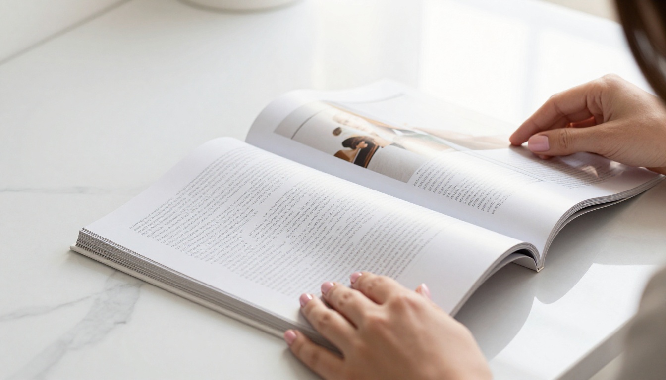 Woman's hands elegantly flipping through glossy magazine pages on white marble surface
