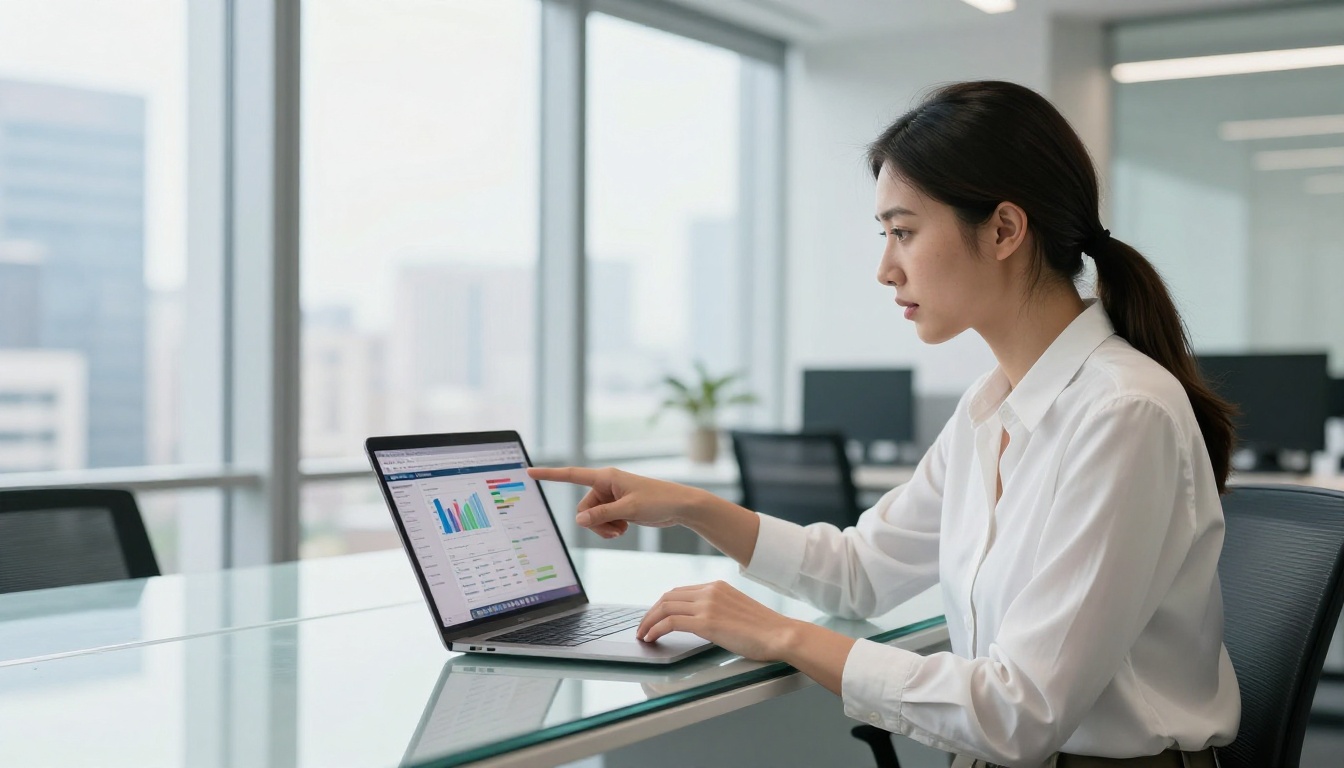 Professional woman pointing at analytics dashboard on laptop in bright modern office