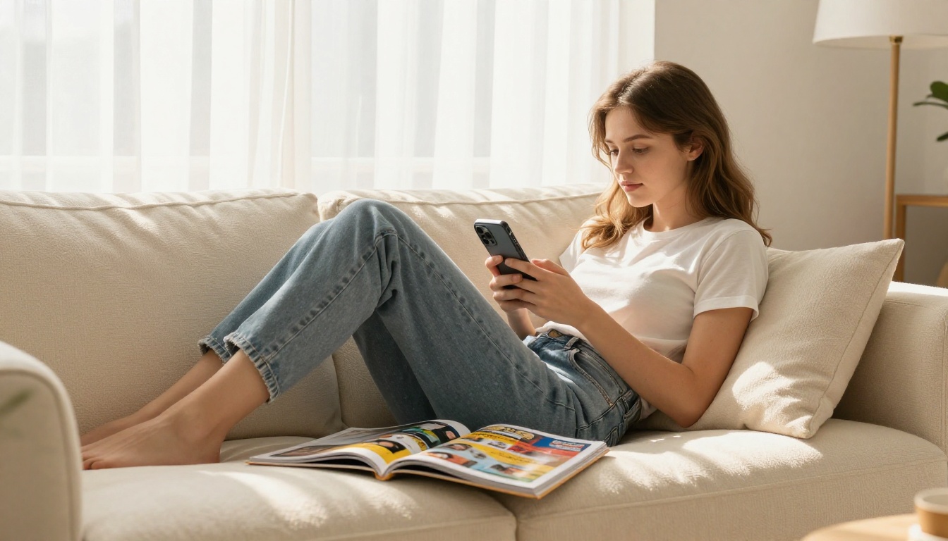Young woman lounging on sofa scrolling Instagram with open product catalog beside her