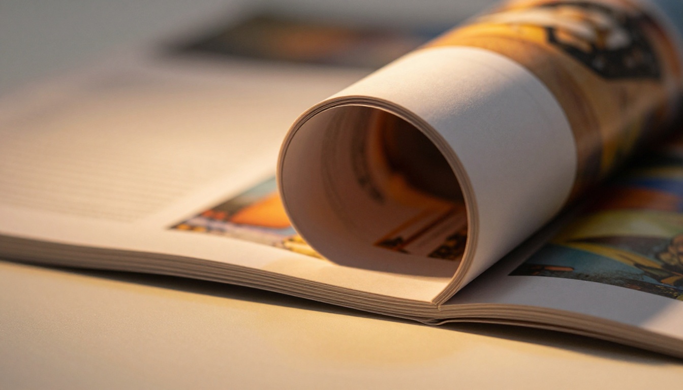 Close-up macro shot of a magazine page mid-flip with photorealistic paper curl and accurate shadow Close-up macro shot of a magazine page mid-flip with photorealistic paper curl and accurate shadow