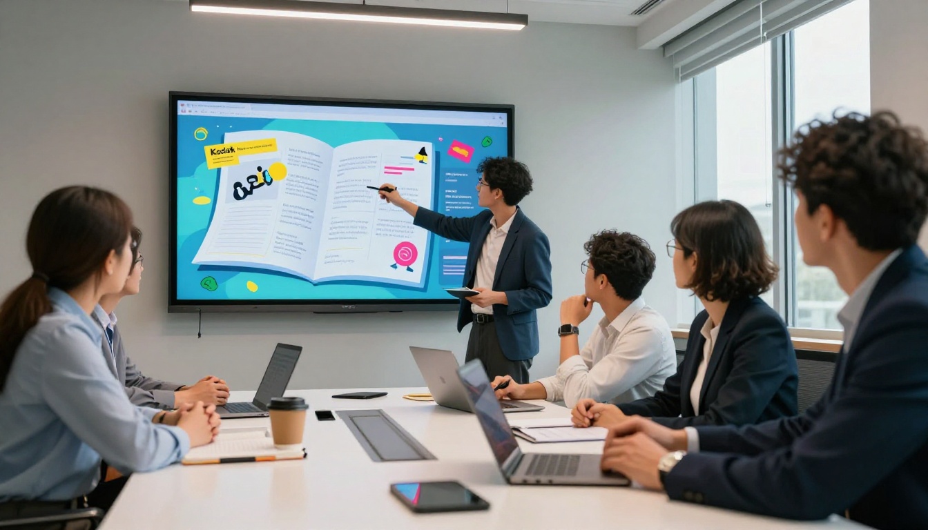 Marketing team gathered around a conference table reviewing a digital flipbook on a large wall display Marketing team gathered around a conference table reviewing a digital flipbook on a large wall display