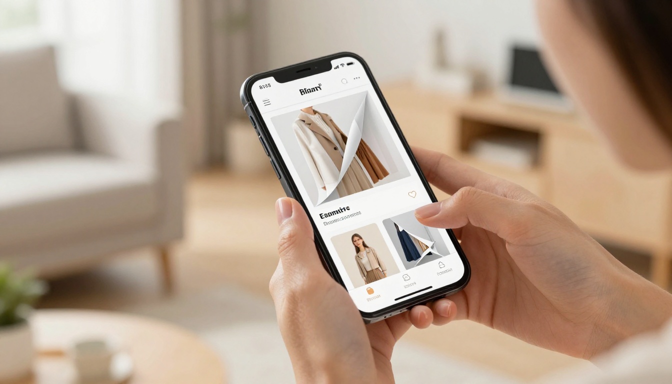 Young woman browsing an e-commerce product catalog flipbook on a smartphone with a mid-flip page animation Young woman browsing an e-commerce product catalog flipbook on a smartphone with a mid-flip page animation