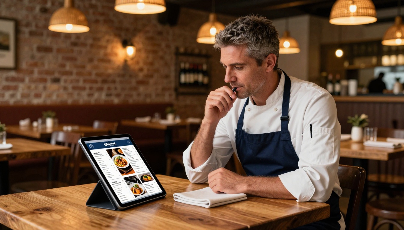 Restaurant owner in a navy apron reviewing a digital menu flipbook on an iPad inside a warmly lit restaurant Restaurant owner in a navy apron reviewing a digital menu flipbook on an iPad inside a warmly lit restaurant